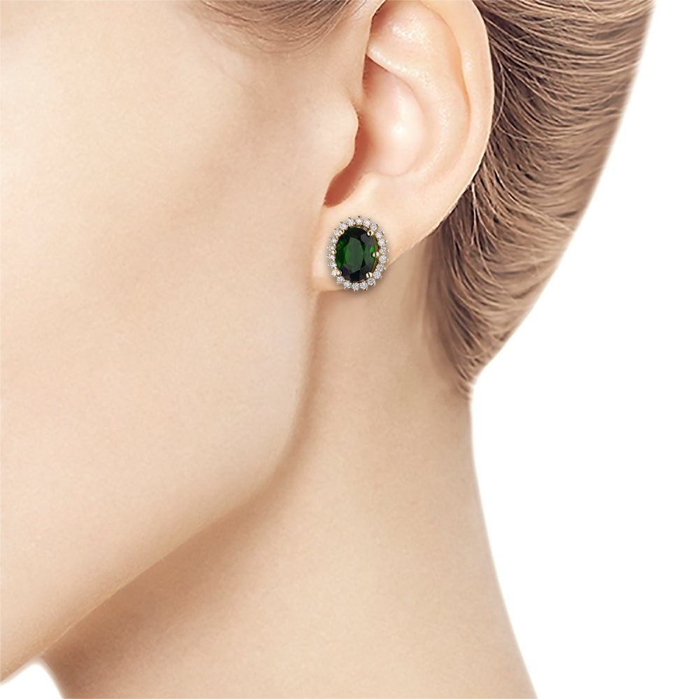 14K White Gold Earring Studs with Chrome diopside and Lab-Created Diamonds 14.560 CT.TW
