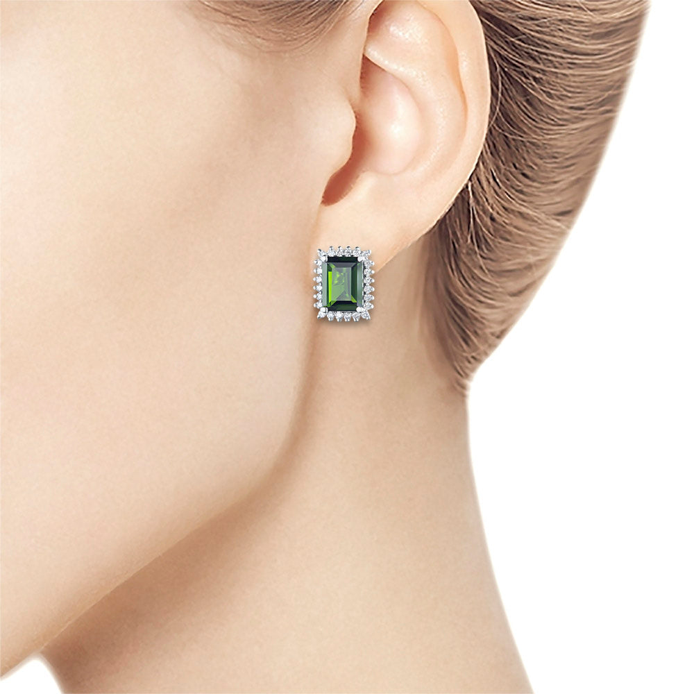 14K White Gold Earring Studs with Chrome diopside and Lab-Created Diamonds 17.380 CT.TW