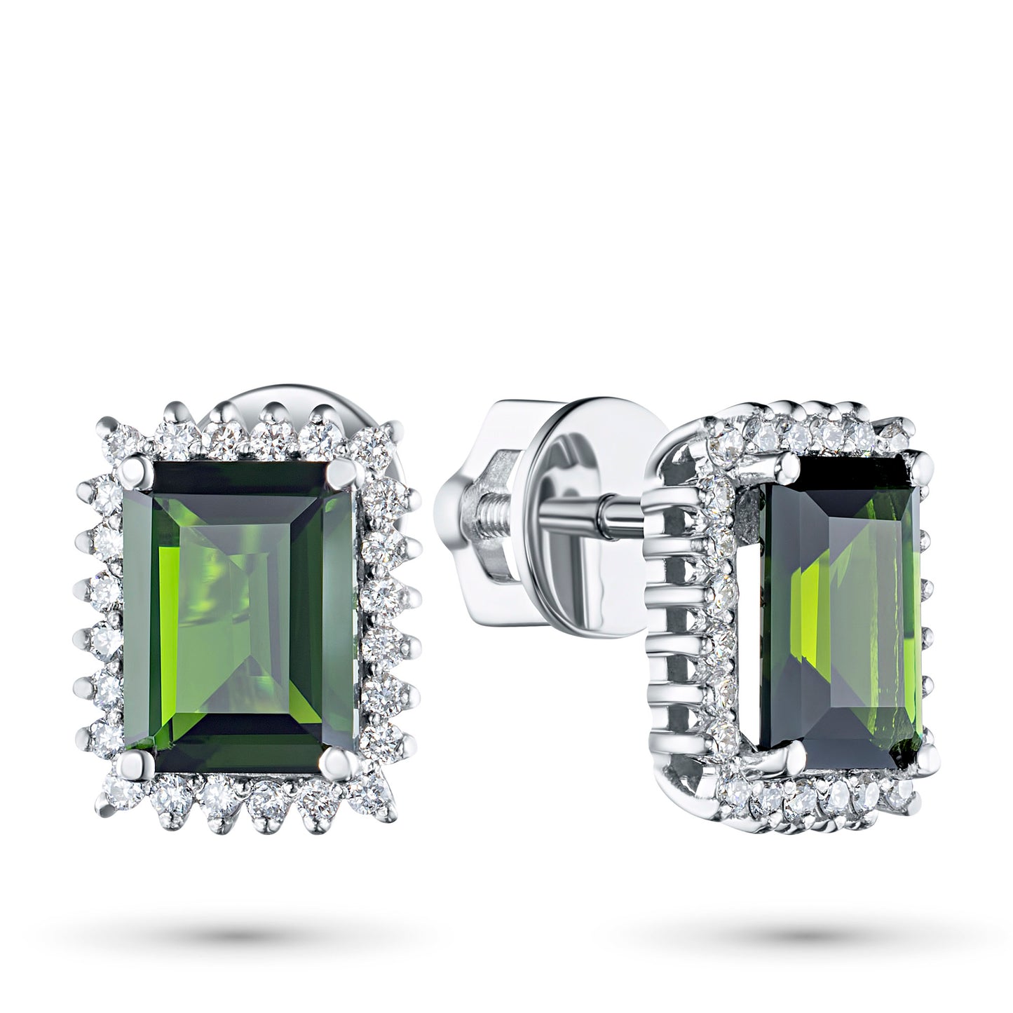14K White Gold Earring Studs with Chrome diopside and Lab-Created Diamonds 17.380 CT.TW