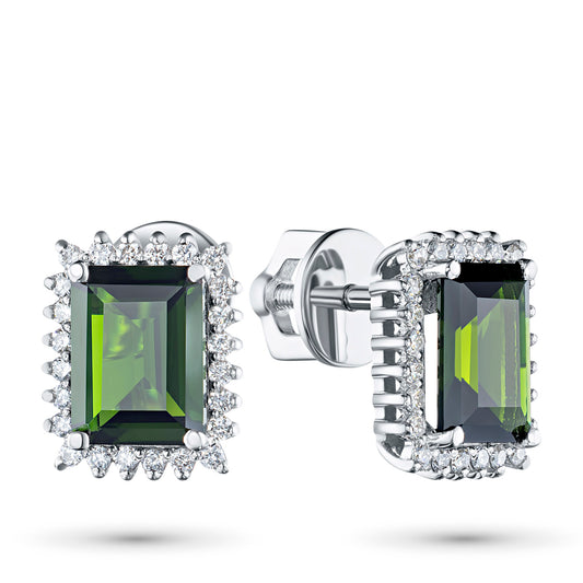 14K White Gold Earring Studs with Chrome diopside and Lab-Created Diamonds 17.380 CT.TW
