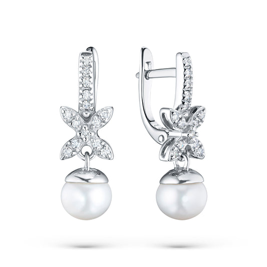 14K White Gold Earrings with Pearl and Natural Diamonds 6.970 CT.TW