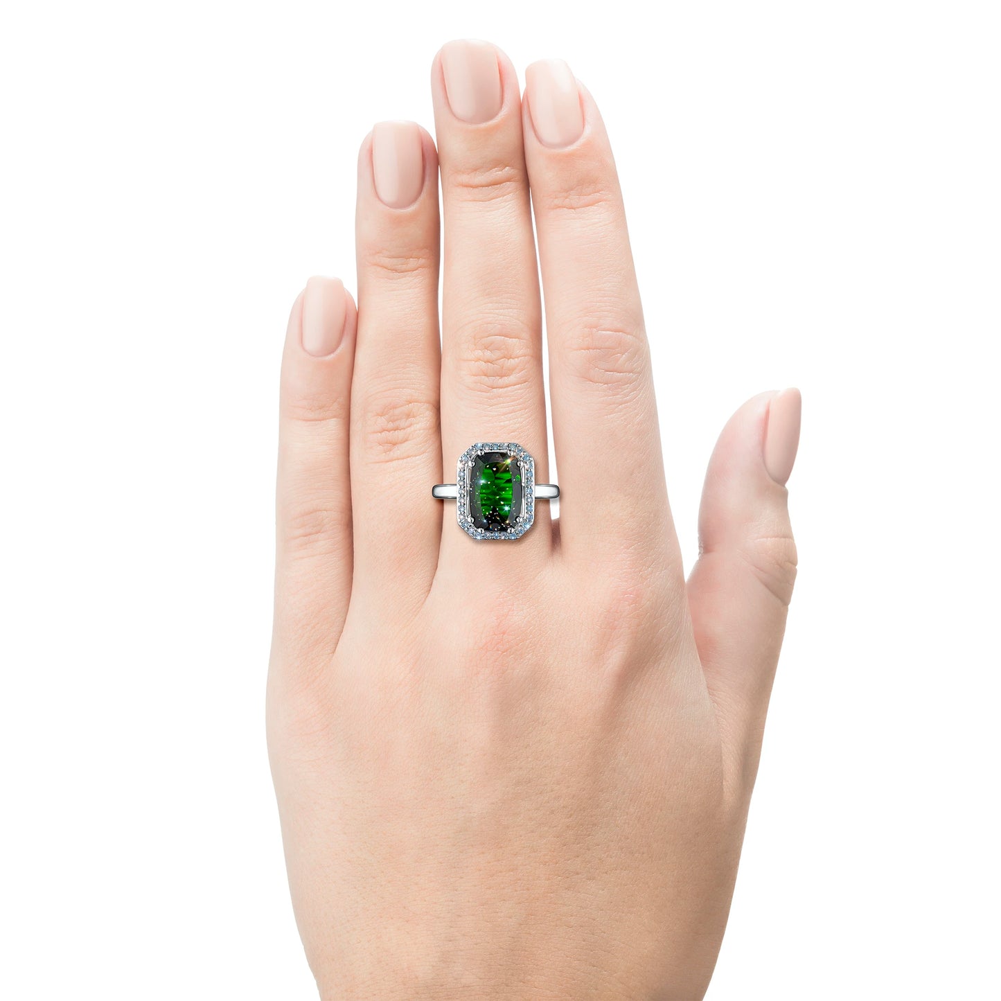 14K White Gold Ring with Chrome diopside and Lab-Created Diamonds 6.460 CT.TW